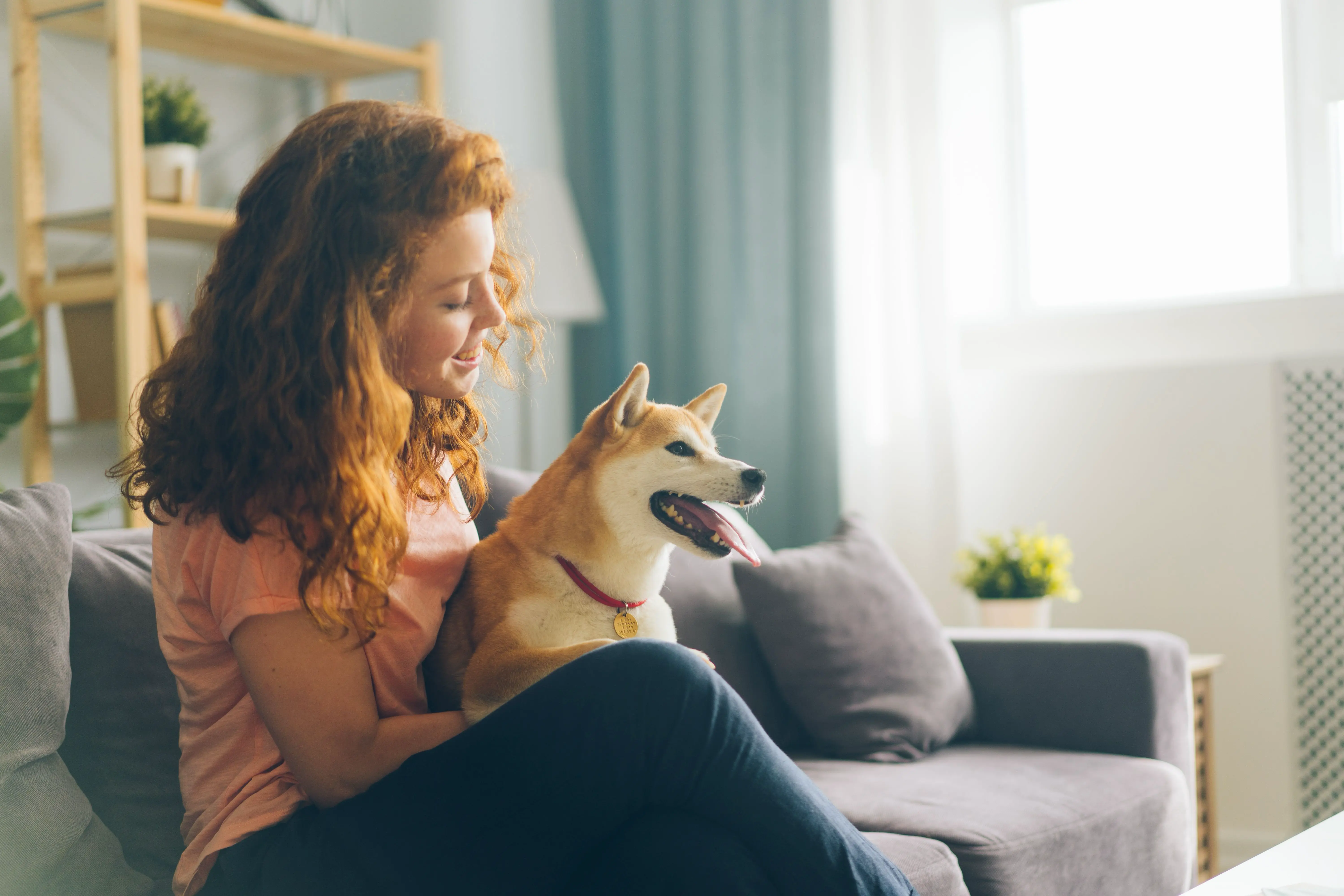 Pet owner relaxing with her dog in a clean, fur free home