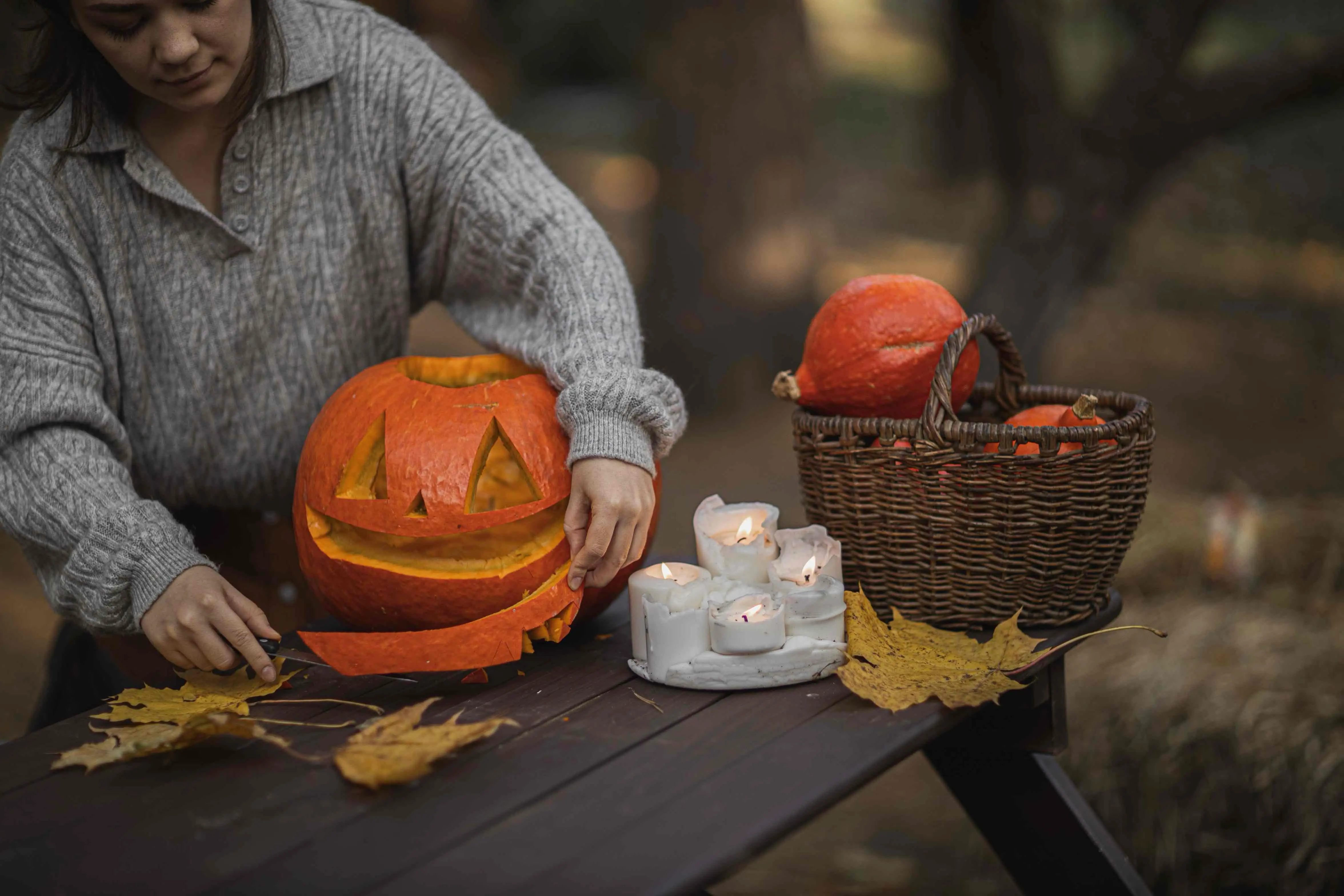 Halloween cleanup after carving pumpkins and removing pumpkin guts