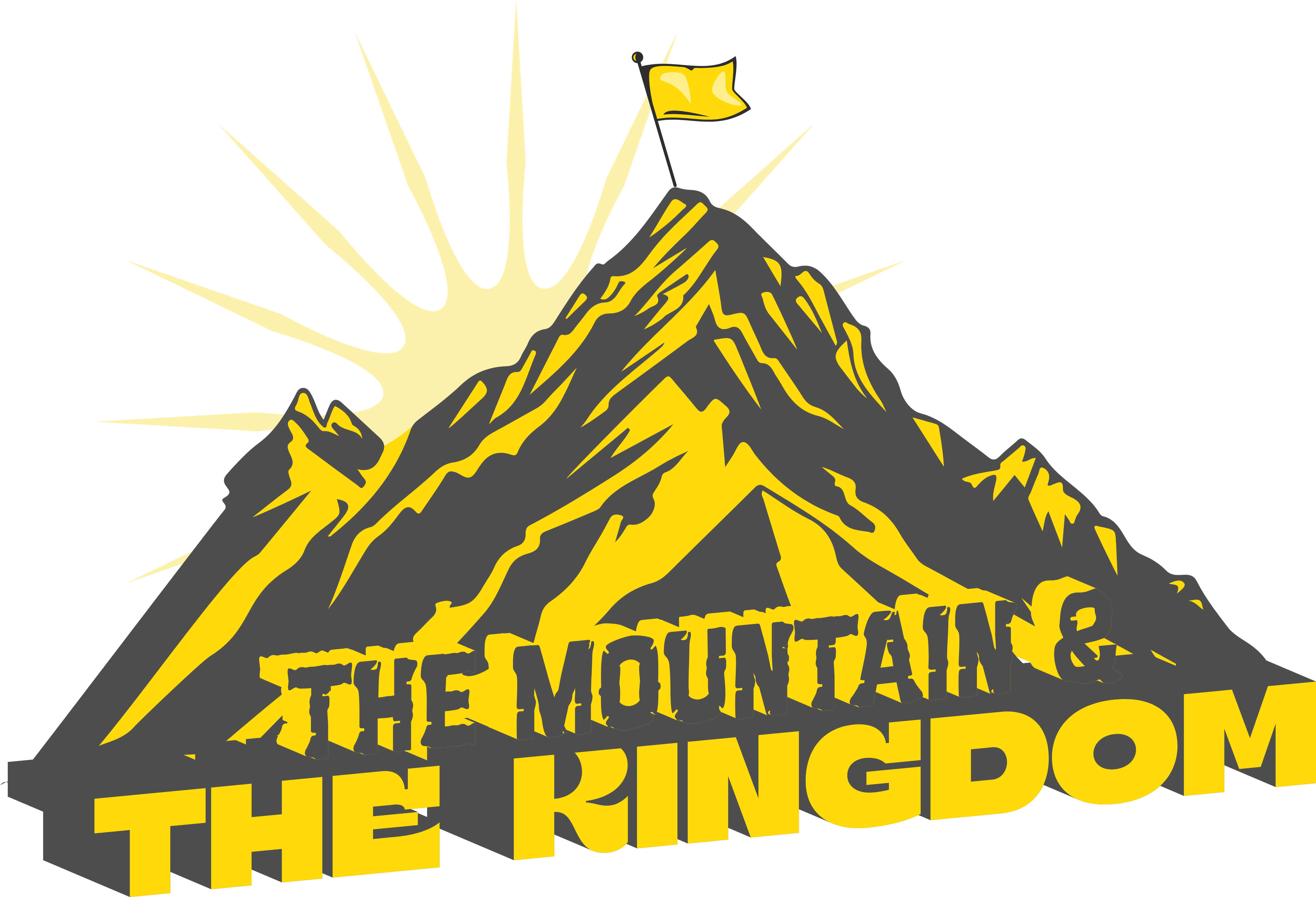 Stylized mountain with a yellow flag at the peak and sunburst behind, with text 'The Mountain & The Kingdom' in gray and yellow.