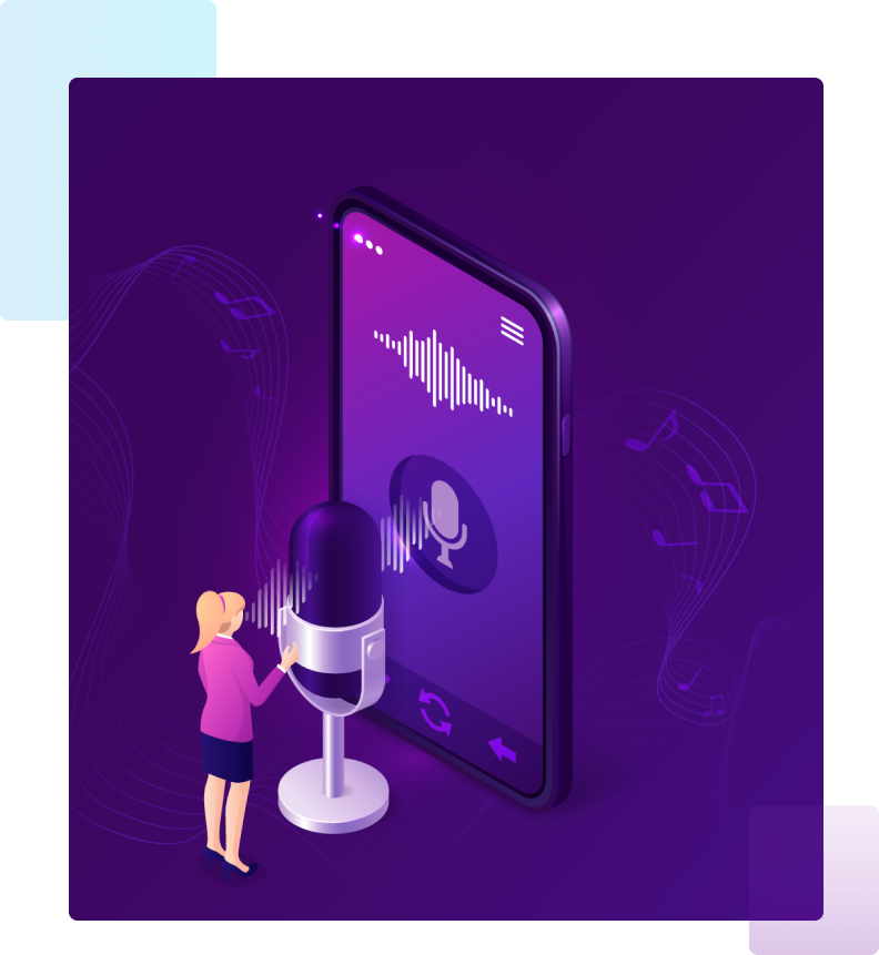 small woman's figure is speaking through the microphone to the smartphone