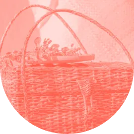 Close-up of a woven picnic basket with a handle and some small plants or flowers on top against a textured background.
