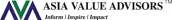 Logo of Asia Value Advisors featuring stylized overlapping letters 'A' and 'V' in blue and green with the company name and tagline 'Investing in Progress' to the right.