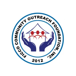 Logo of FICCO Community Outreach Foundation, Inc. featuring two blue hands holding stylized red figures under a roof shape, encircled by the foundation name and year 2012.