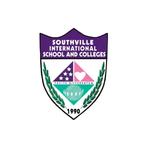 Emblem of Southville International School and Colleges with purple banner, geometric shapes, laurel branches, and the year 1990.