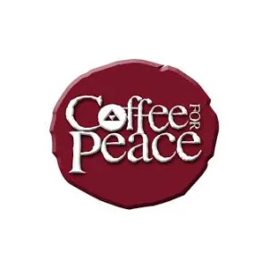 Coffee For Peace logo with white text on a maroon circular background.