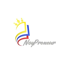 Logo with stylized book pages in yellow, blue, and red with three yellow stars above and the word 'NoyPreneur' in gray script.