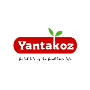 Yantakoz logo with a red rounded rectangle background, white text, a green sprout on top, and the slogan 'halal life is the healthier life'.
