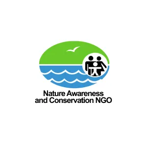 Logo with green and blue oval featuring a bird, ocean waves, and figures of people with binoculars, labeled Nature Awareness and Conservation NGO.