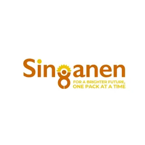 Sinoanen logo with a gear and sun icon integrated into the letter 'o' and the slogan 'For a brighter future. One pack at a time.'