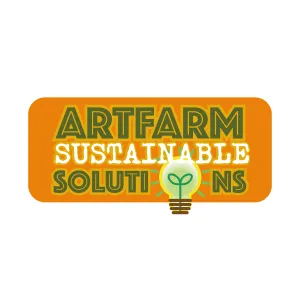 Logo with text 'ARTFARM SUSTAINABLE SOLUTIONS' on an orange rounded rectangle background, featuring a light bulb with a green plant inside.