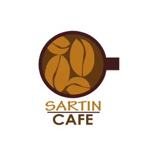 Top view of a coffee cup filled with large coffee beans and the text 'SARTIN CAFE' below it.