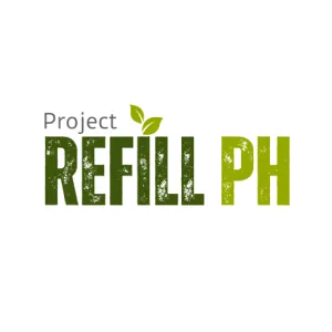 Logo for Project Refill PH with the word 'REFILL' in green with leaf icons above the letter I.