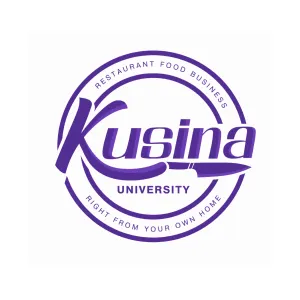 Logo for Kusina University with text 'Restaurant Food Business' and 'Right from Your Own Home' encircling the name, and a knife graphic underlining 'Kusina'.