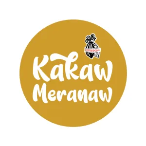 Logo with the text 'Kakaw Meranaw' in white script on a mustard yellow circle, featuring a small traditional design element above the text.