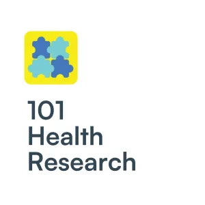 Logo with four connected puzzle pieces in various blue shades inside a yellow square, next to the text '101 Health Research'.