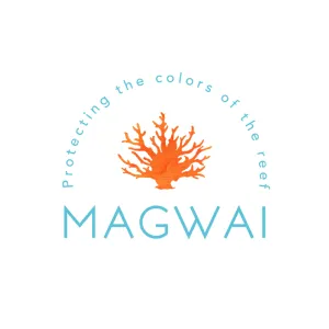 Logo with orange coral illustration above blue text 'MAGWAI' and curved slogan 'Protecting the colors of the reef'.