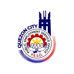 Logo of Quezon City Public Employment Service Office with stylized buildings, sun, and interconnected figures in blue, red, and yellow colors.