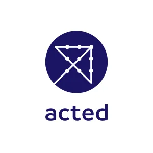 Acted logo featuring a stylized white arrow made of connected dots inside a dark blue circle above the word 'acted'.