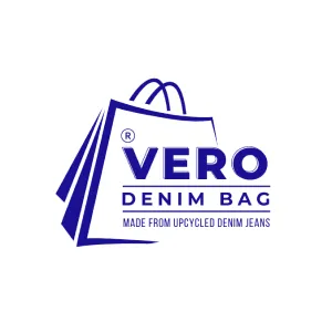 Logo with stylized shopping bags and text 'VERO DENIM BAG Made from upcycled denim jeans' in blue.