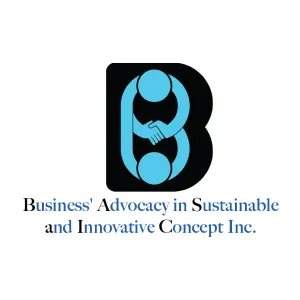 Logo with two blue abstract human figures shaking hands inside a stylized black letter B, representing Business' Advocacy in Sustainable and Innovative Concept Inc.