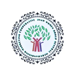 Logo featuring three stylized human figures with raised arms surrounded by green leaves and a decorative circular border, with text for a women’s cooperative marketing group.