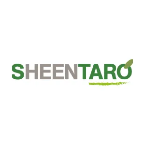 Logo of SHEENTARO with green and gray letters and a leaf on the letter 'O'.