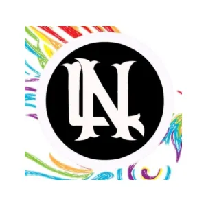 Black circle with white stylized letters 'LAN' intertwined, surrounded by colorful wavy lines on white background.