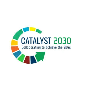 Logo for Catalyst 2030 featuring a colorful circular arrow and text 'Catalyst 2030 Collaborating to achieve the SDGs.'