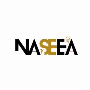 Logo with the text 'NASEEA' in black and gold, featuring a lightbulb icon above the last letter A.