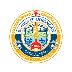 Official seal of Banwa It Odiongan, featuring a torch with flame, a red hexagon with 1846, and images of transportation and buildings, encircled by text and golden wreath design.