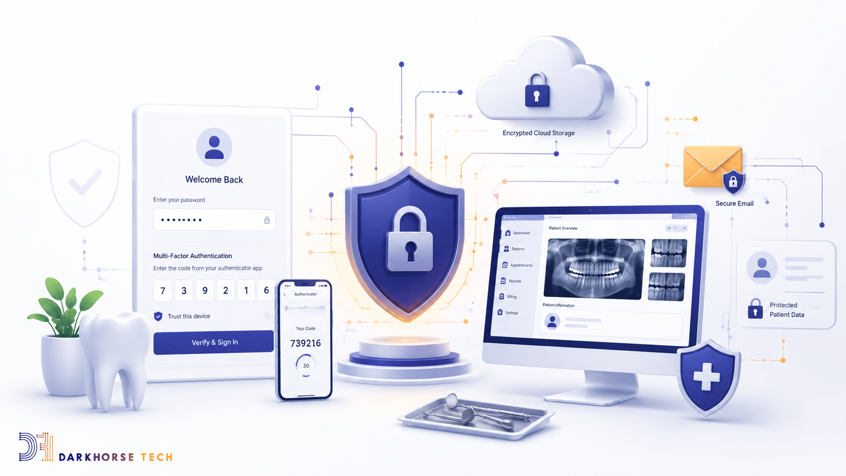 Cybersecurity illustration showing multi-factor authentication, encryption, and secure patient data protection for a dental practice.