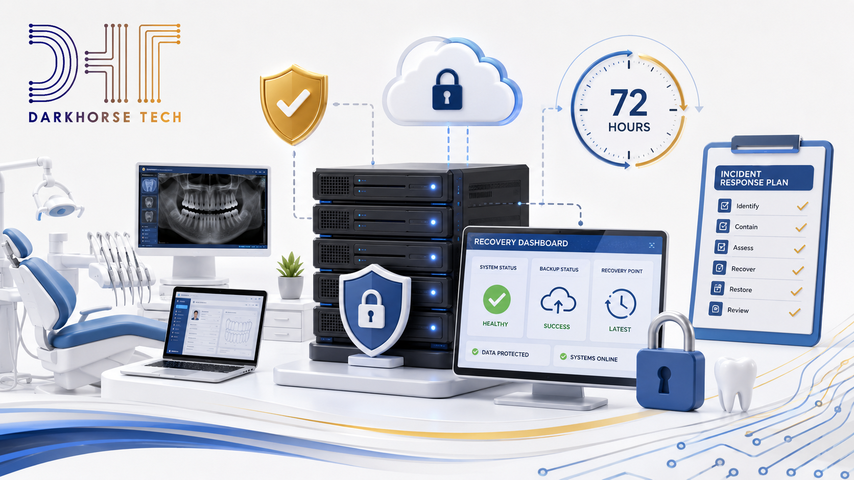 Illustration of dental practice backup, disaster recovery, and incident response systems supporting HIPAA cybersecurity readiness.