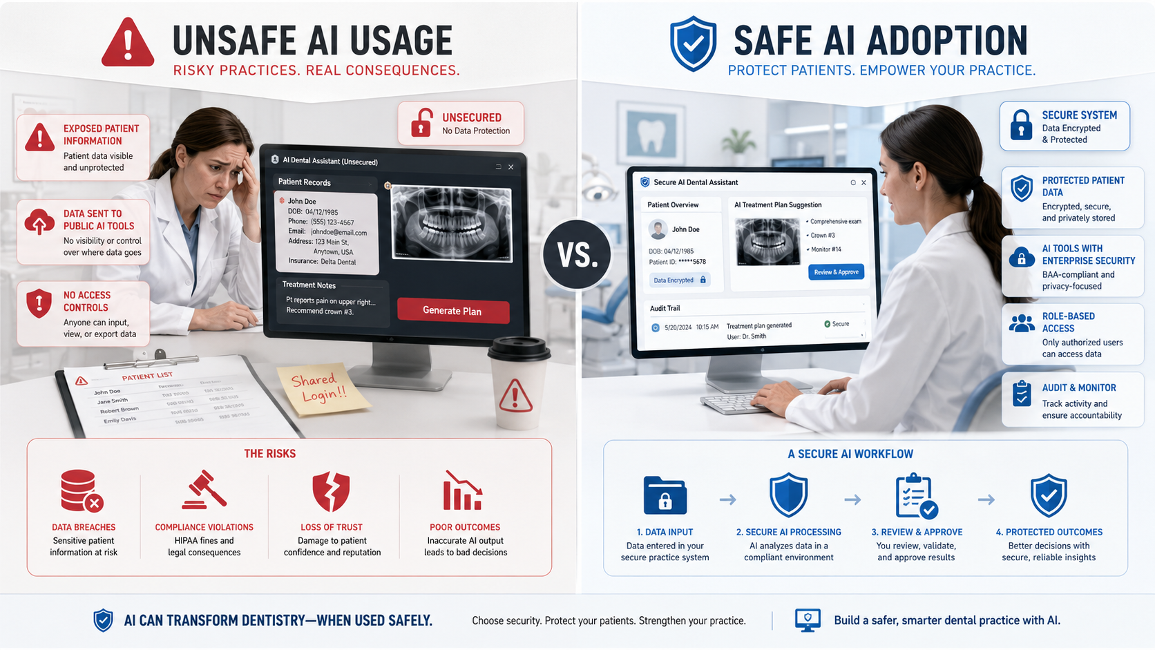 safe vs unsafe AI tools in dental practices and dental IT environments