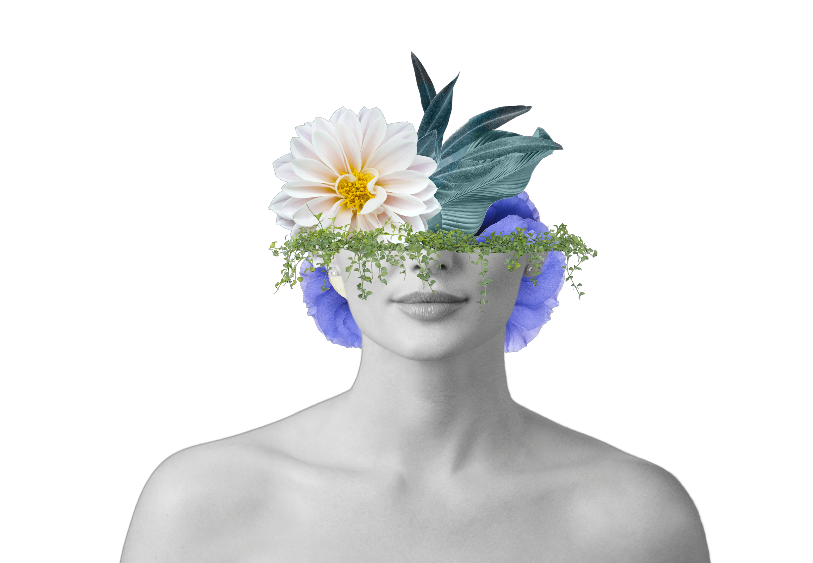 Model with flowers white and blue flowers