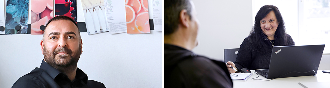 Frau im Gespräch mit einem älteren Arbeitsuchenden