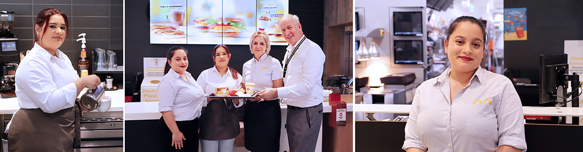 Drei Frauen und ein Mann vor einem McDonald´s Verkaufstresen