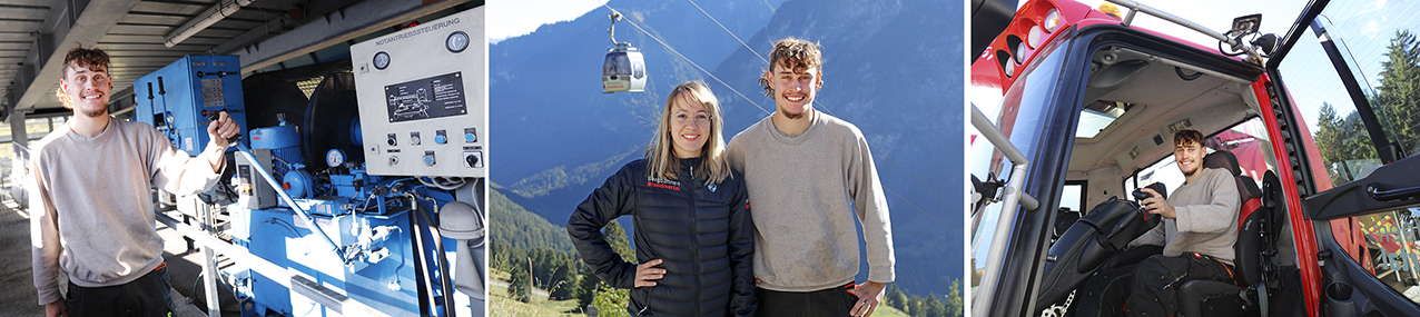 Frau und Mann vor einer Seilbahn in den Bergen