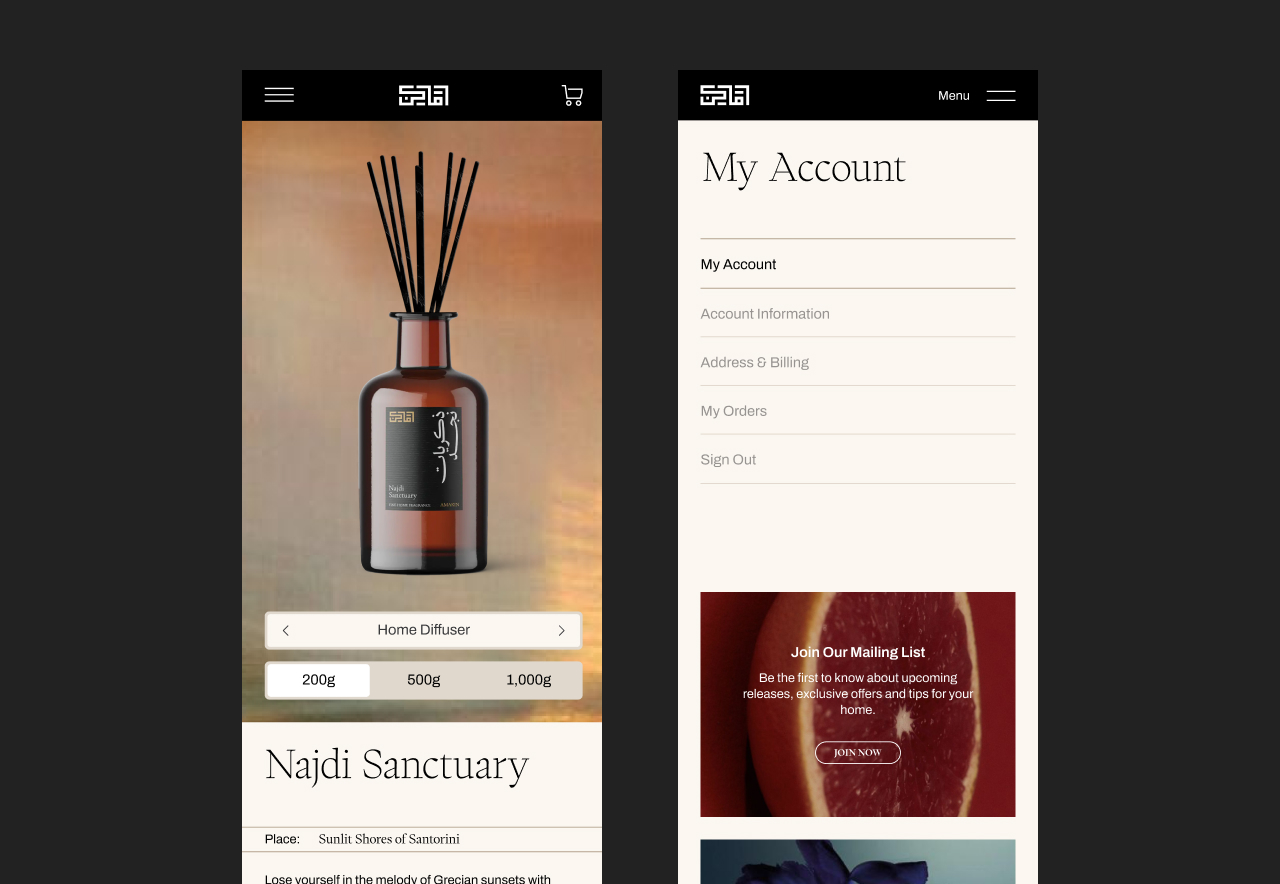 2 Image previews of the AMAKIN product and account pages on mobile