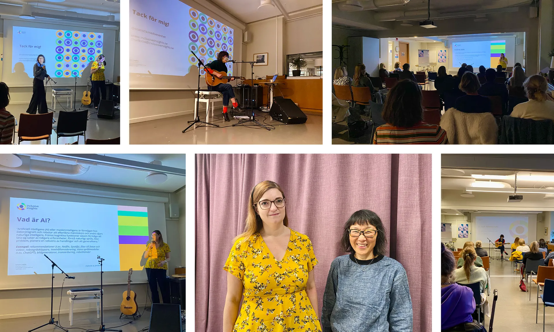 Kollage från en presentation eller föreläsning om AI. Bilderna visar två kvinnor som håller föredrag med gitarr och mikrofon, en publik som lyssnar, samt ett porträtt av två kvinnor - en i gul blommig klänning och en i grå tröja - framför ett rosa dr