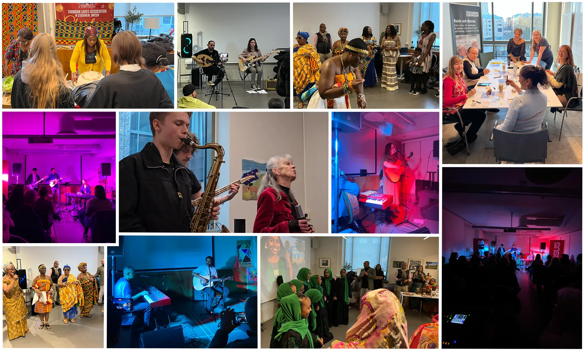 Kollage med bilder från olika kulturella evenemang och musikframträdanden, inklusive afrikanska dansare i traditionella kläder, saxofonist, band som spelar i lila belysning, möten och konserter med mångkulturell publik