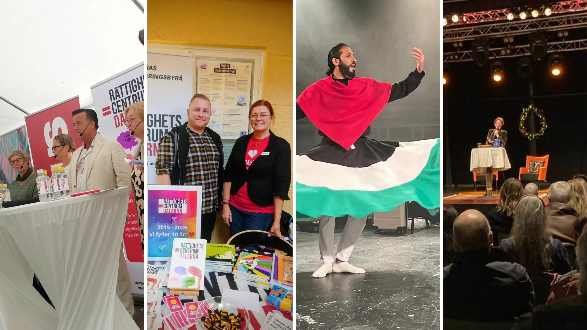 Kollage med fyra bilder från Rättighetscentrum Dalarna: en paneldiskussion, två personer vid ett informationsbord med material om 10-årsjubileum, en dansare i färgglad dräkt som snurrar, samt en scen med publik vid ett evenemang.