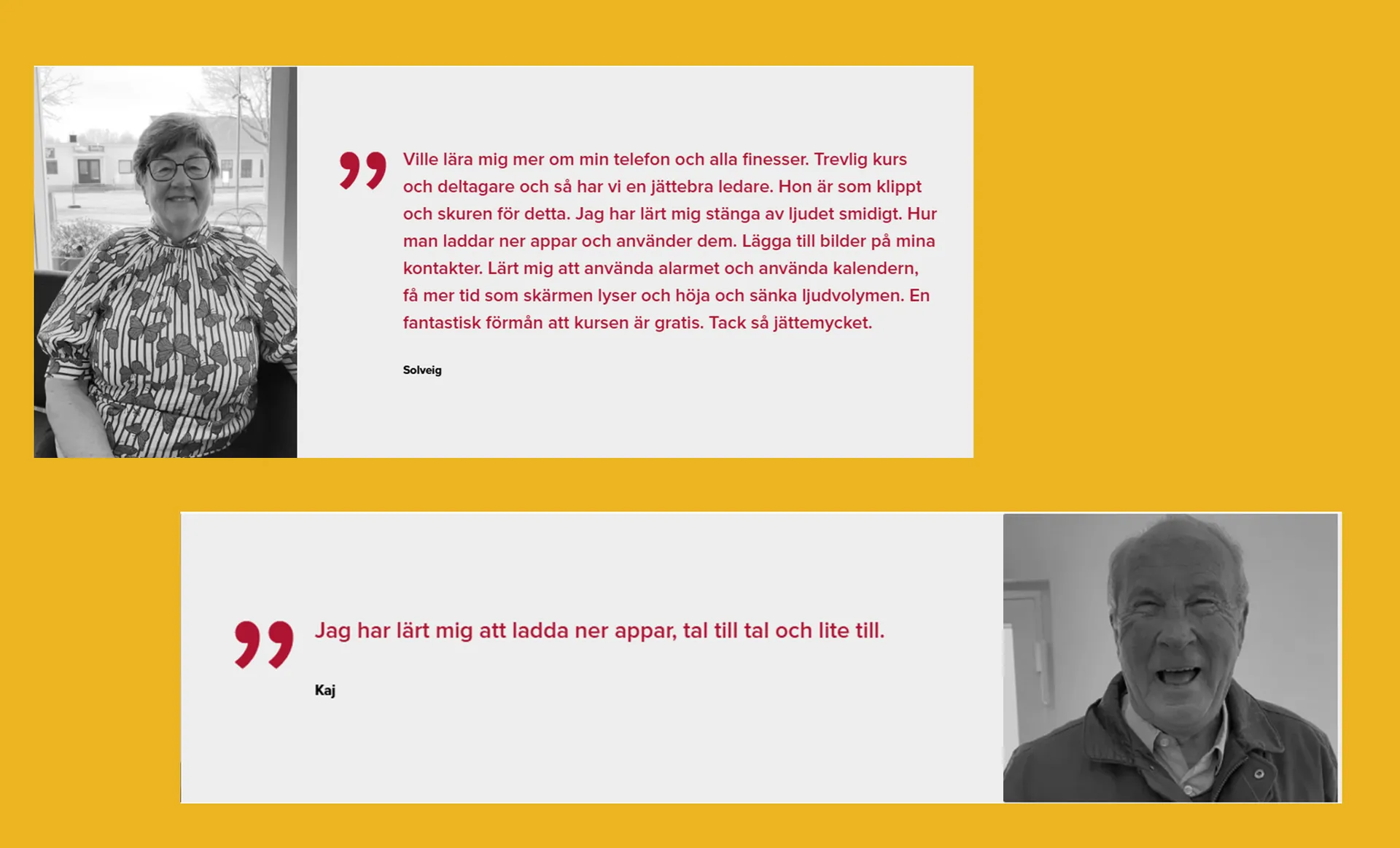 Två vittnesmål från kursdeltagare Solveig och Kaj om en telefonkurs, med porträttbilder av en äldre kvinna med glasögon och en skrattande äldre man, mot en gul bakgrund