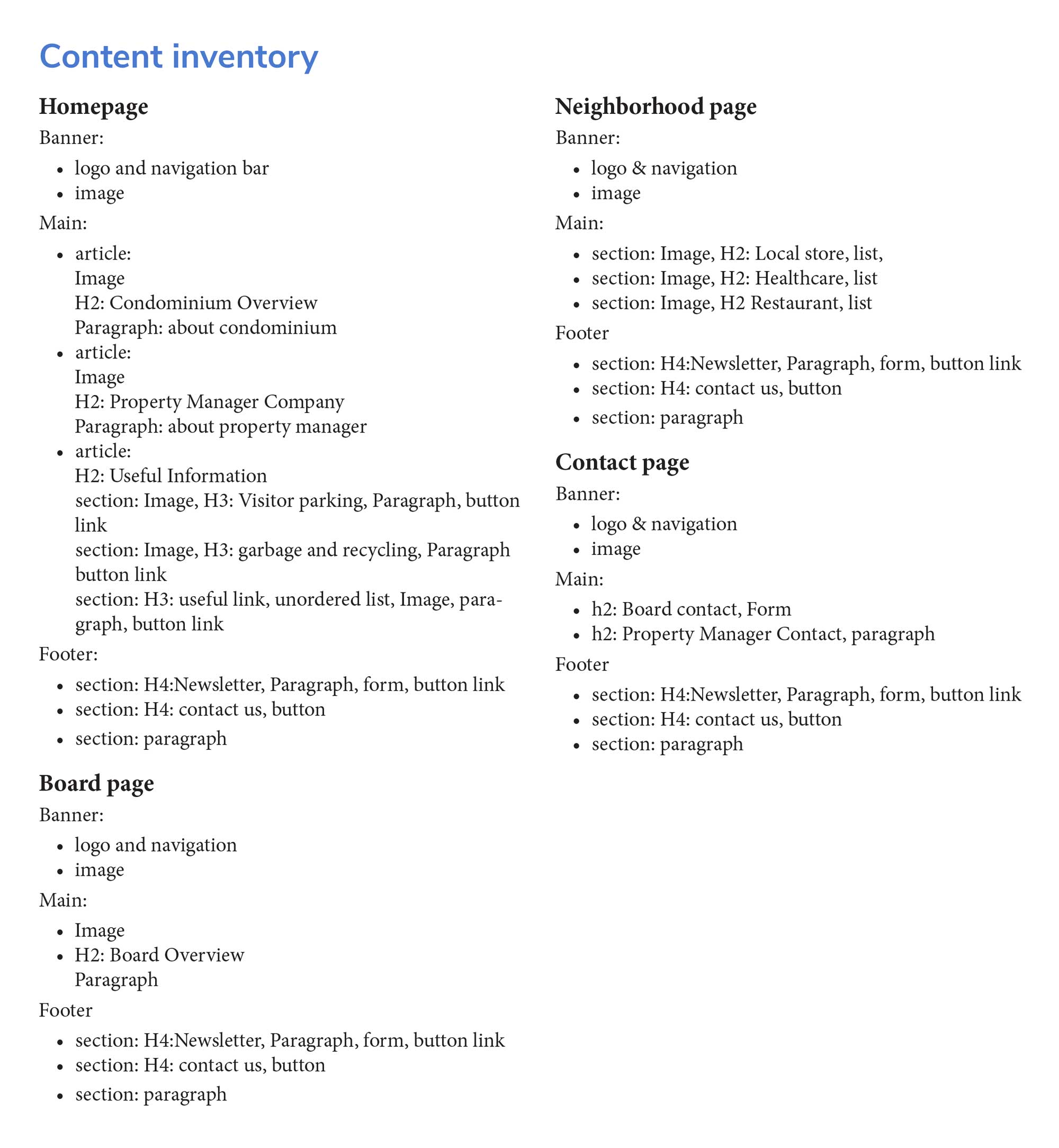 content inventory of the website