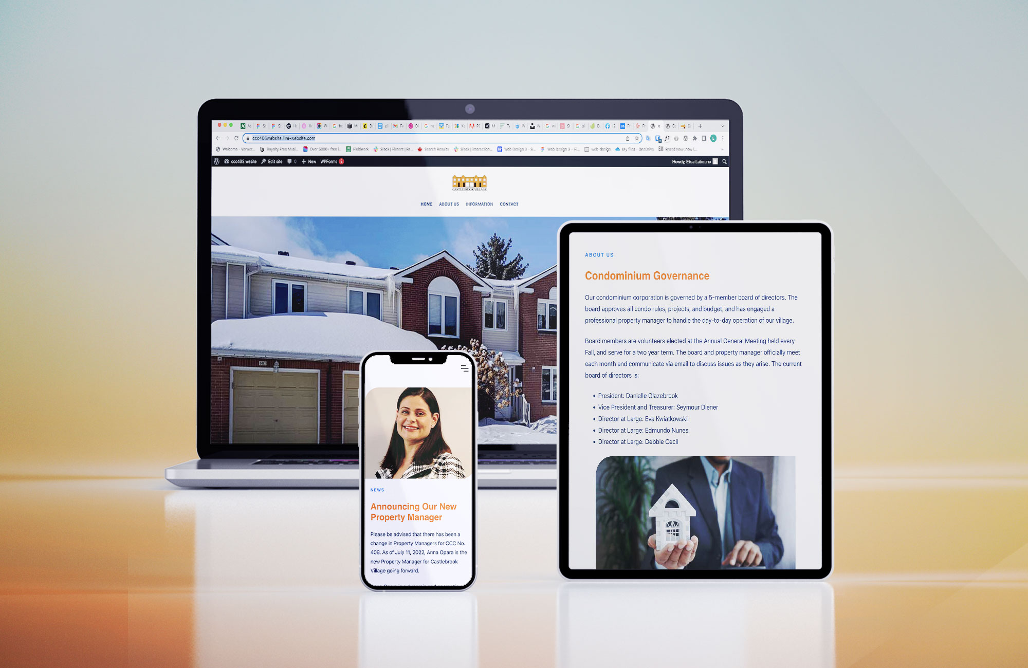 Mockup of castlebrook village website view on desktop tablet and mobile
