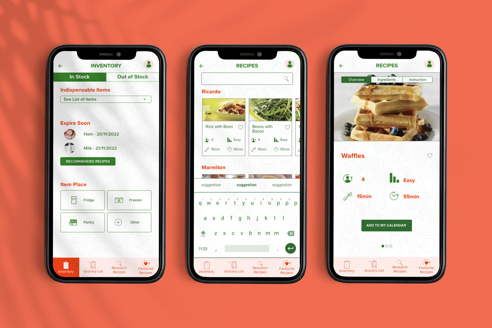 Mockup of three views of the screen
