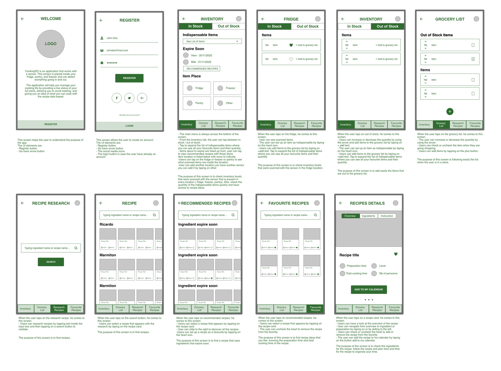 low fidelity wireframes of the app with notes