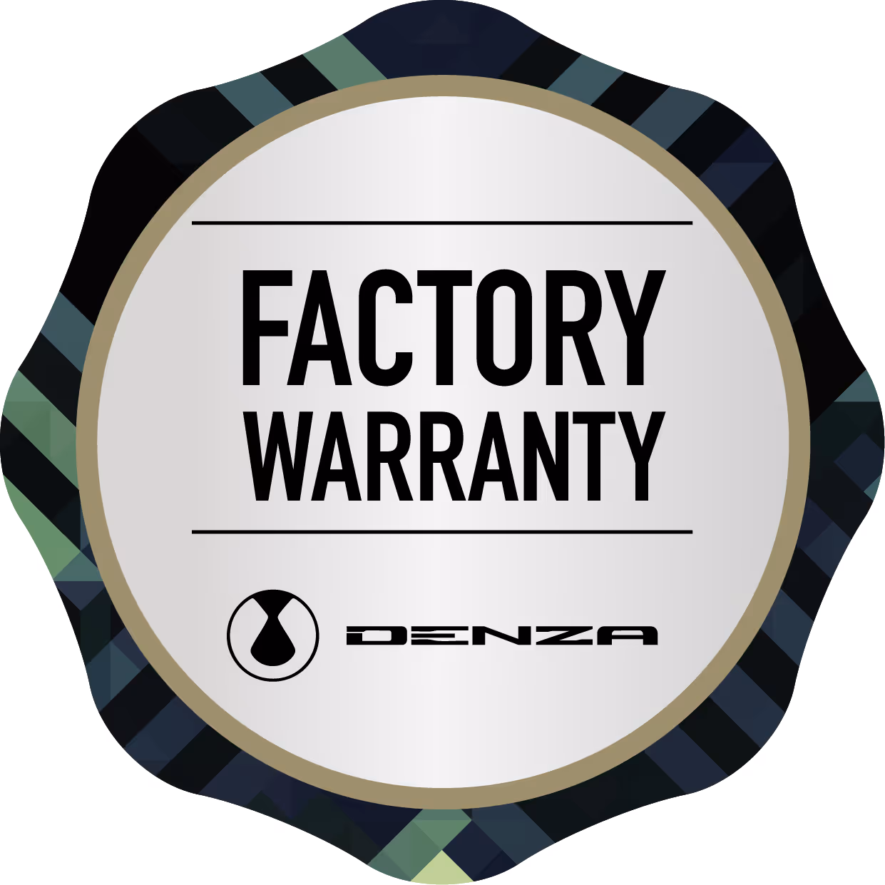 Selo circular com a frase 'Garantia de Fábrica' e o logo da Mitsubishi Motors abaixo.