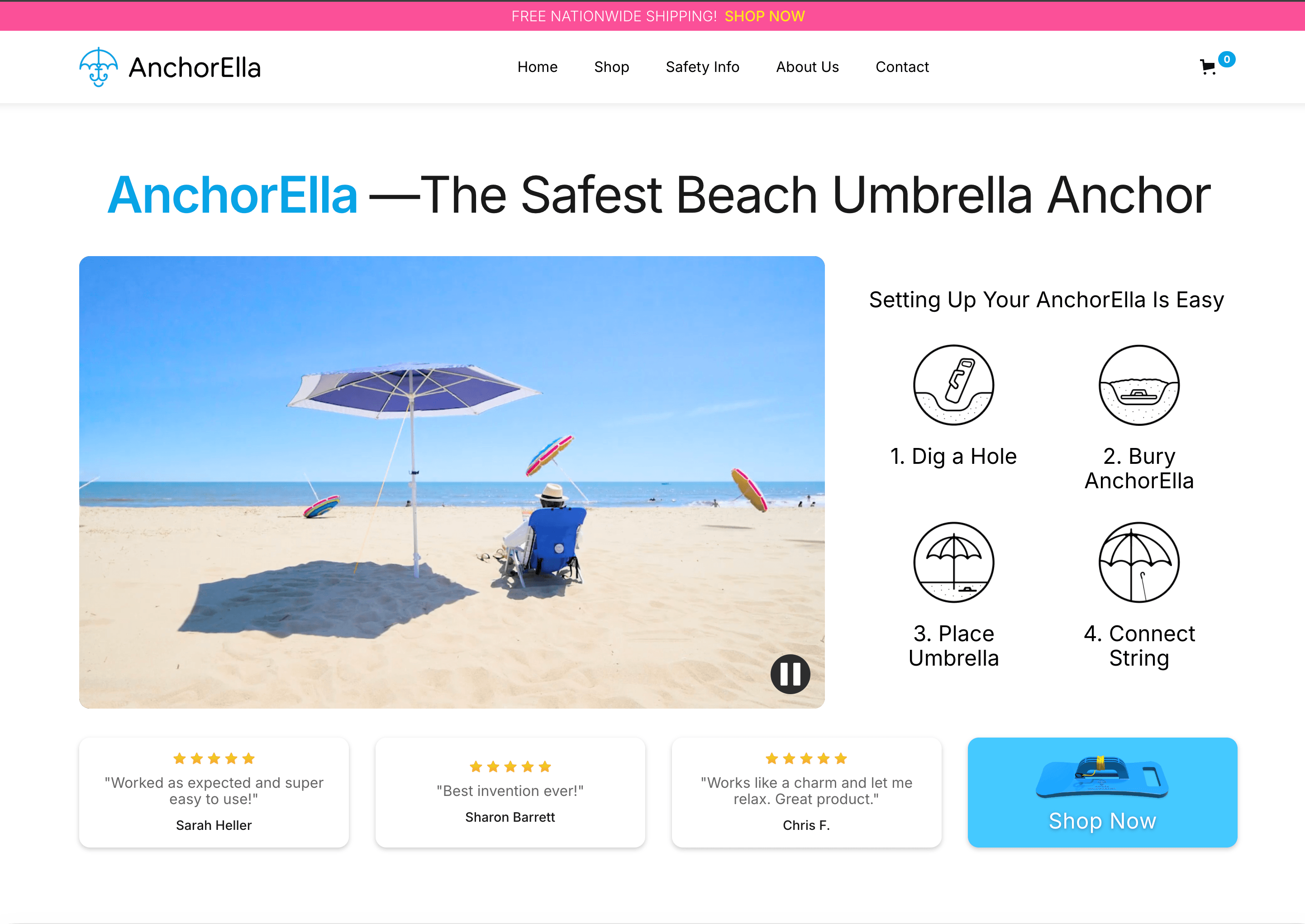 A user-friendly ecommerce website for a new beach umbrella anchor designed to provide a safer, cost-effective way to secure your umbrella at the beach.