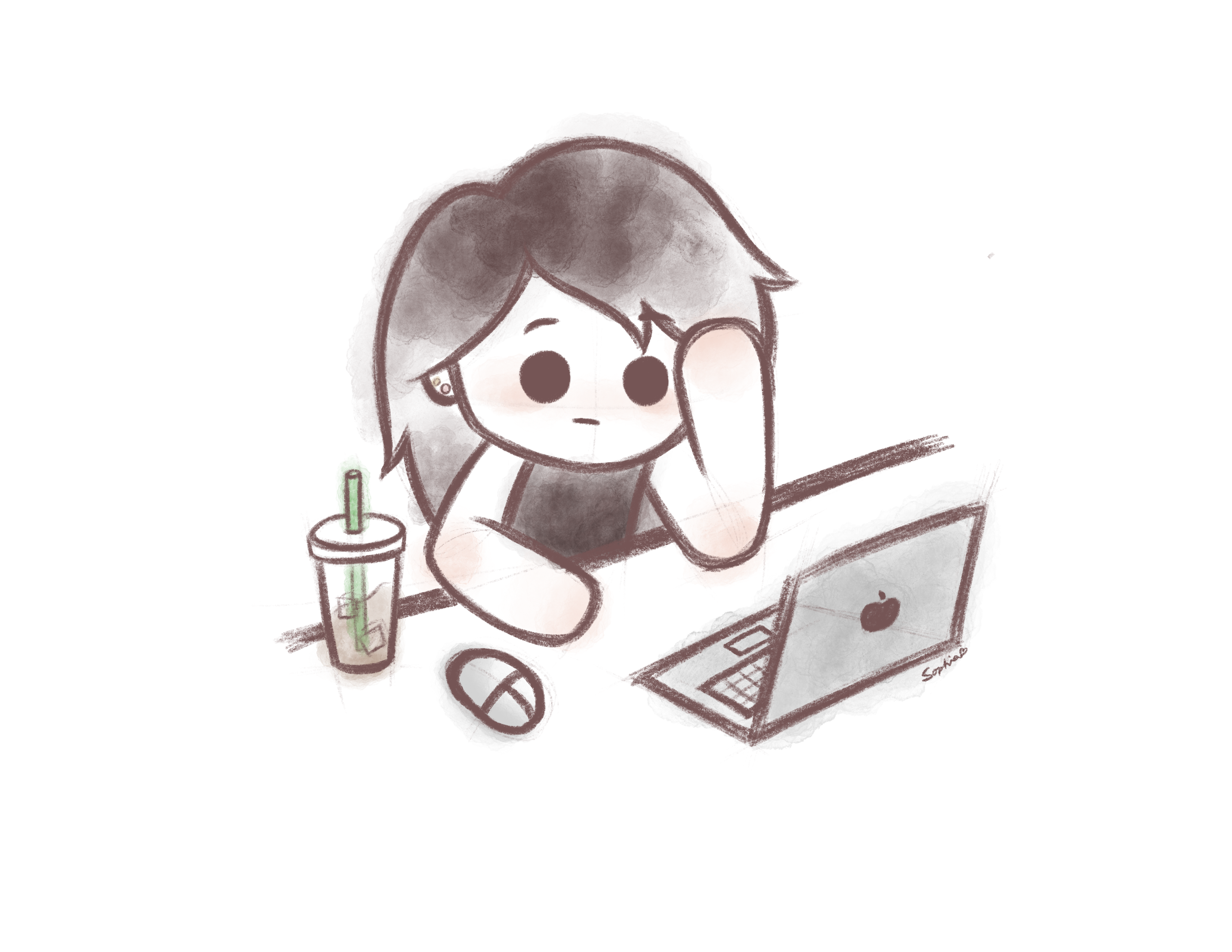 A chibi illustration of a girl looking at her laptop