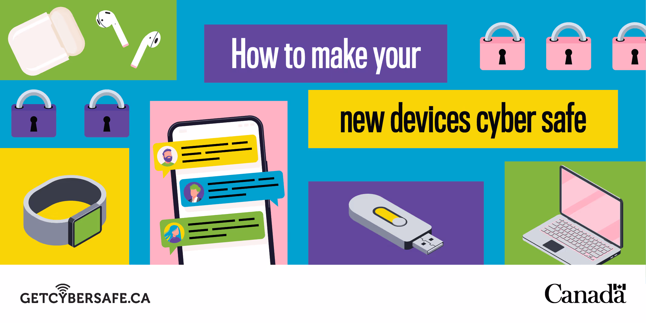 illustrations of airpods, a watch, a phone, a usb drive and a laptop